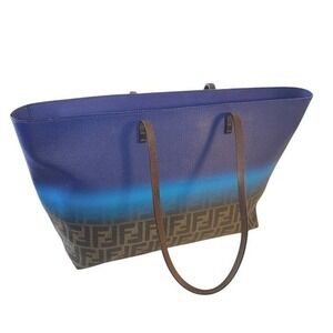 Fendi Zucca Ombre Tote Bag Blue Brown Monogram Leather Canvas Large Shopper